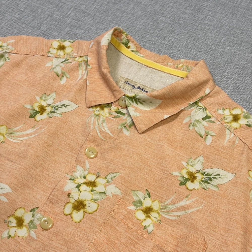 Tommy Bahama Hawaiian Silk Floral Shirt Mens Large Orange Short Sleeve Button-Up